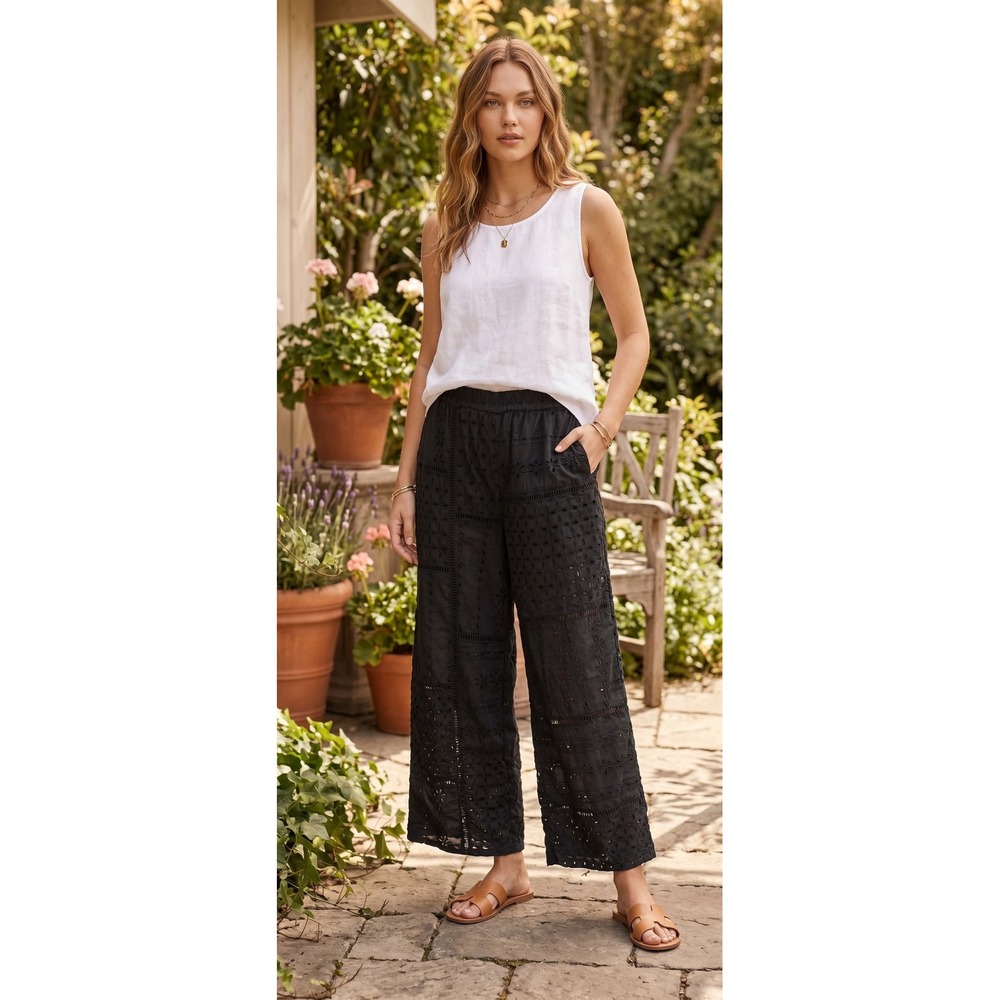 Lucky Brand Pants XS Boho Eyelet Wide Leg Relaxed Patchwork Cottage Indie Breezy